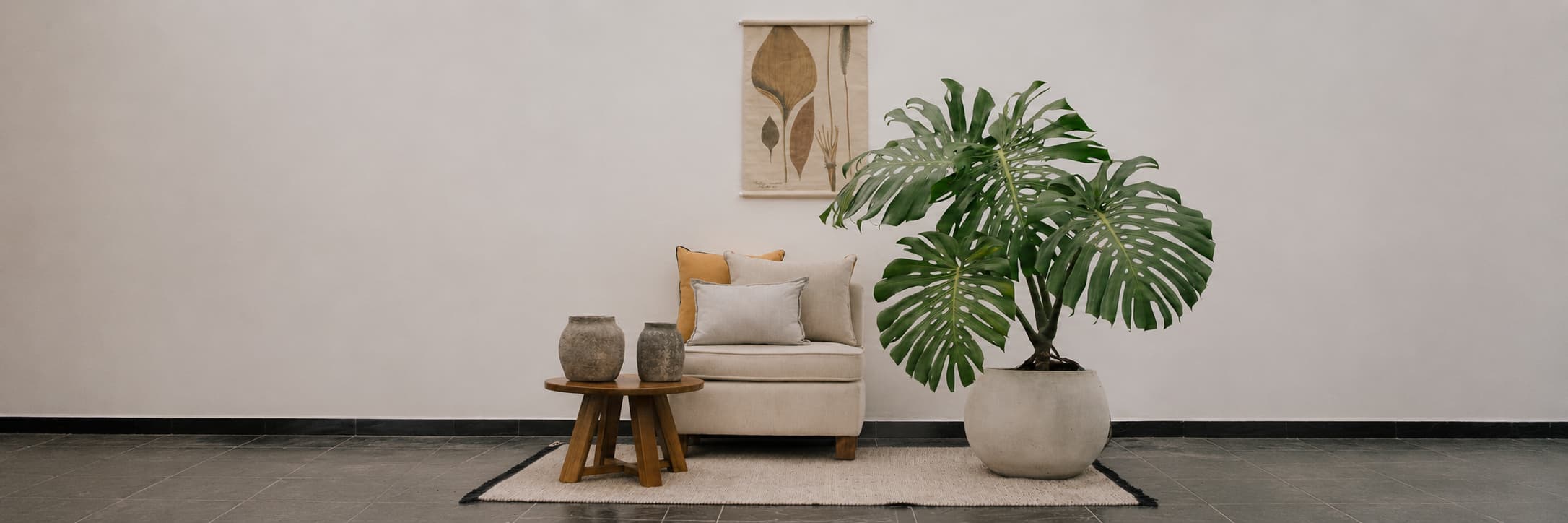 Planta de interior de gran formato en sala, integrada a un espacio cálido y sereno, colección Plantas de Pistilo & Gracia.