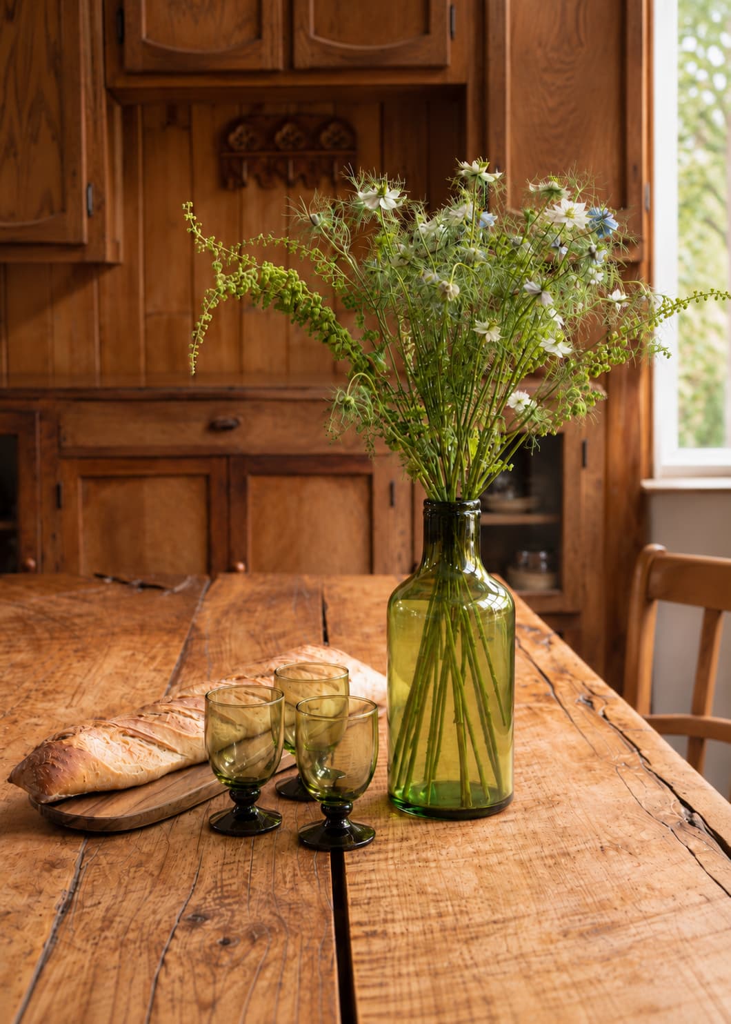 Botella con Asa en vidrio soplado con flores sobre mesa de madera en ambiente de cocina.