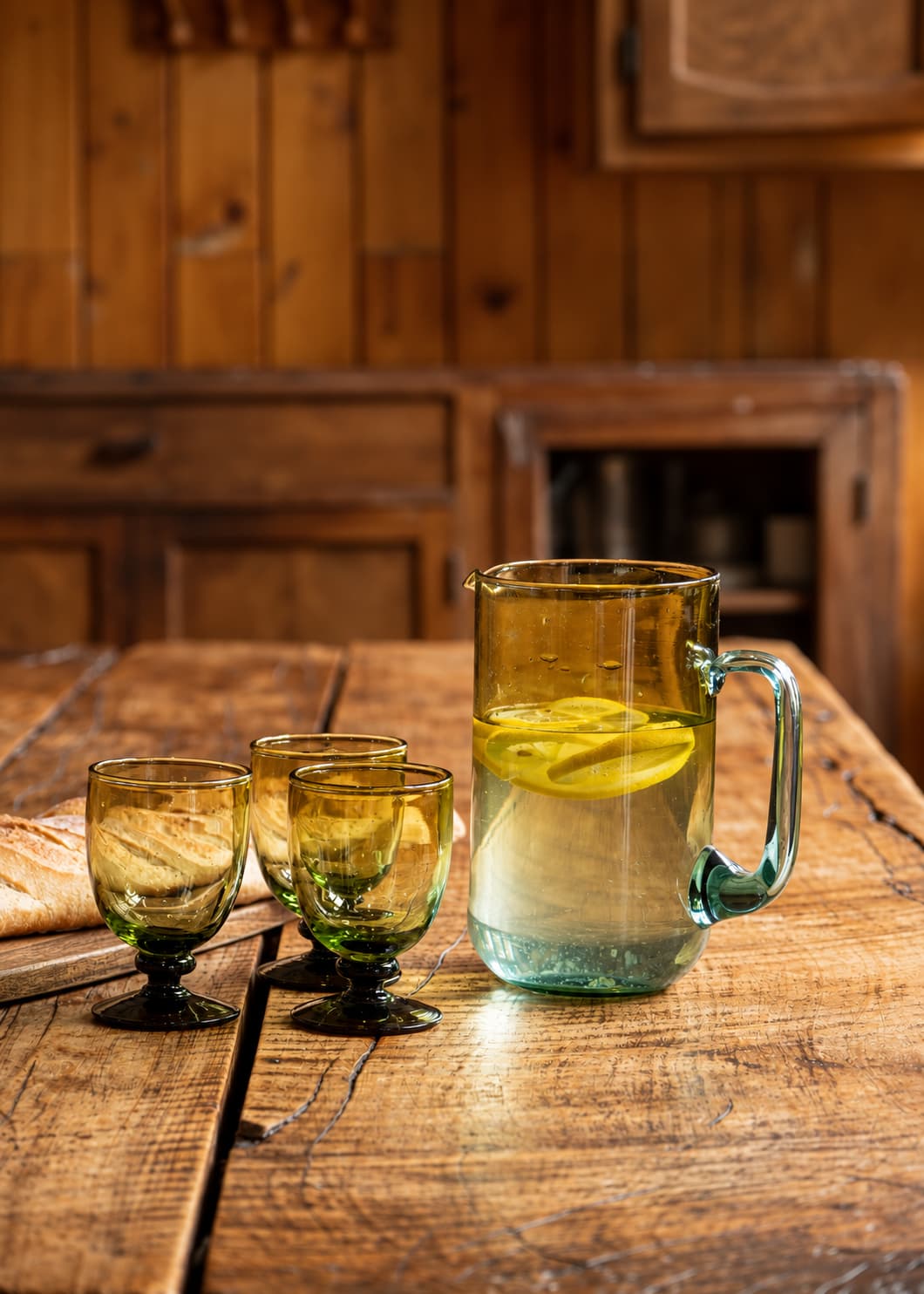 Jarra de agua bicolor en vidrio soplado reciclado con limón sobre una mesa de madera, acompañada de vasos de vidrio.