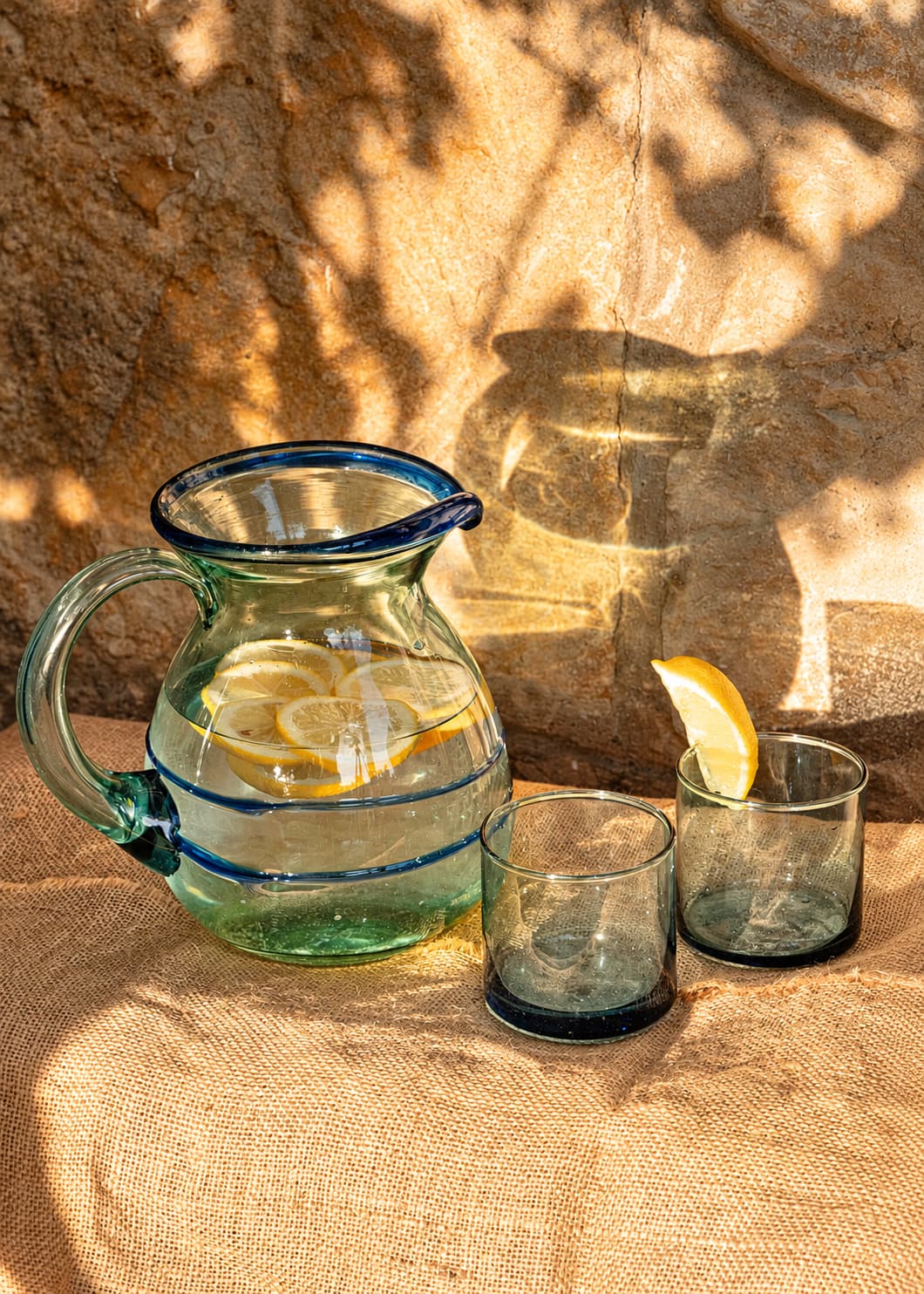 Jarra Dos Hilos Azul de vidrio soplado reciclado con agua y rodajas de limón sobre una mesa de fibra natural iluminada por luz cálida.