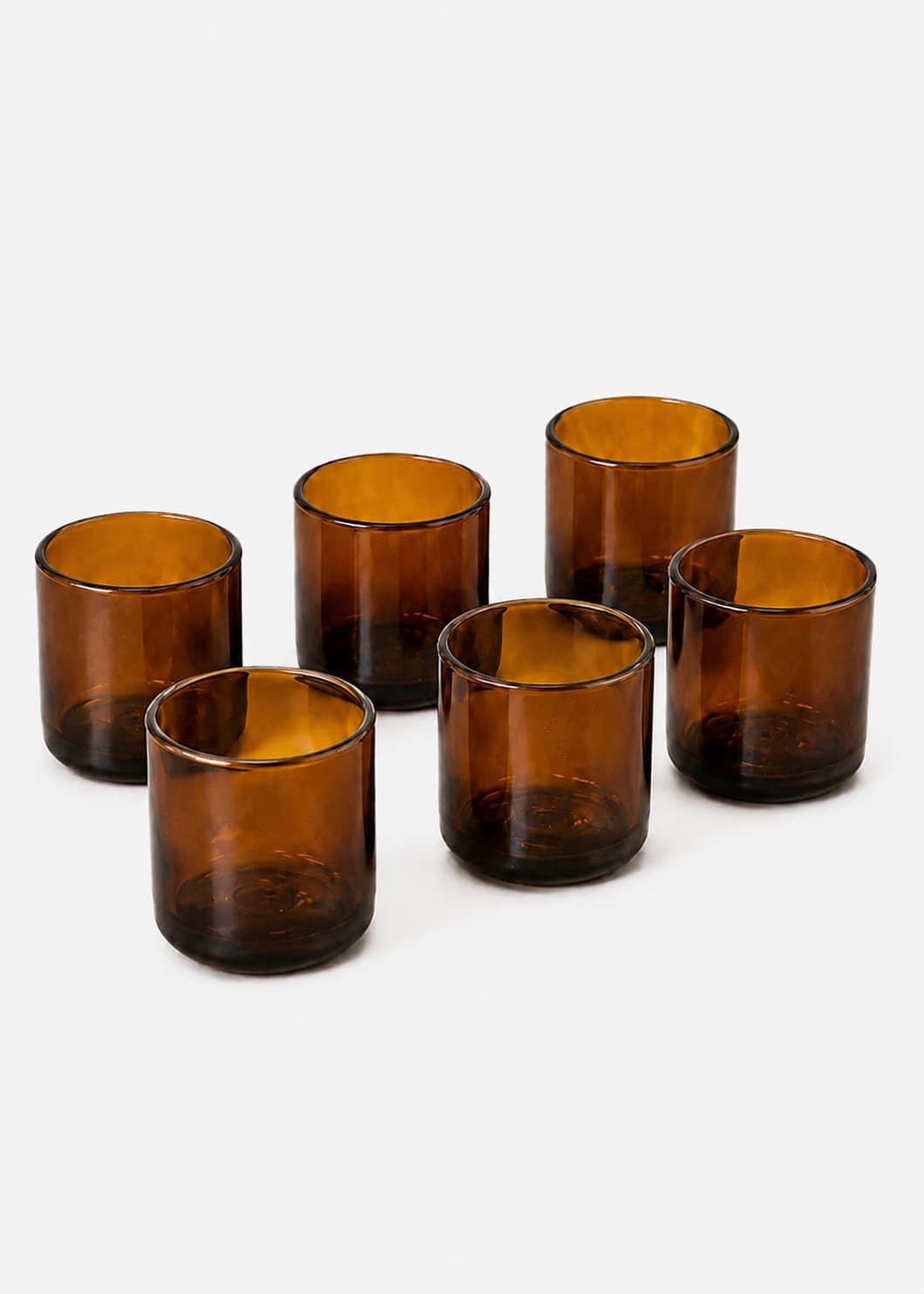 Set de seis vasos cortos ámbar en vidrio soplado reciclado