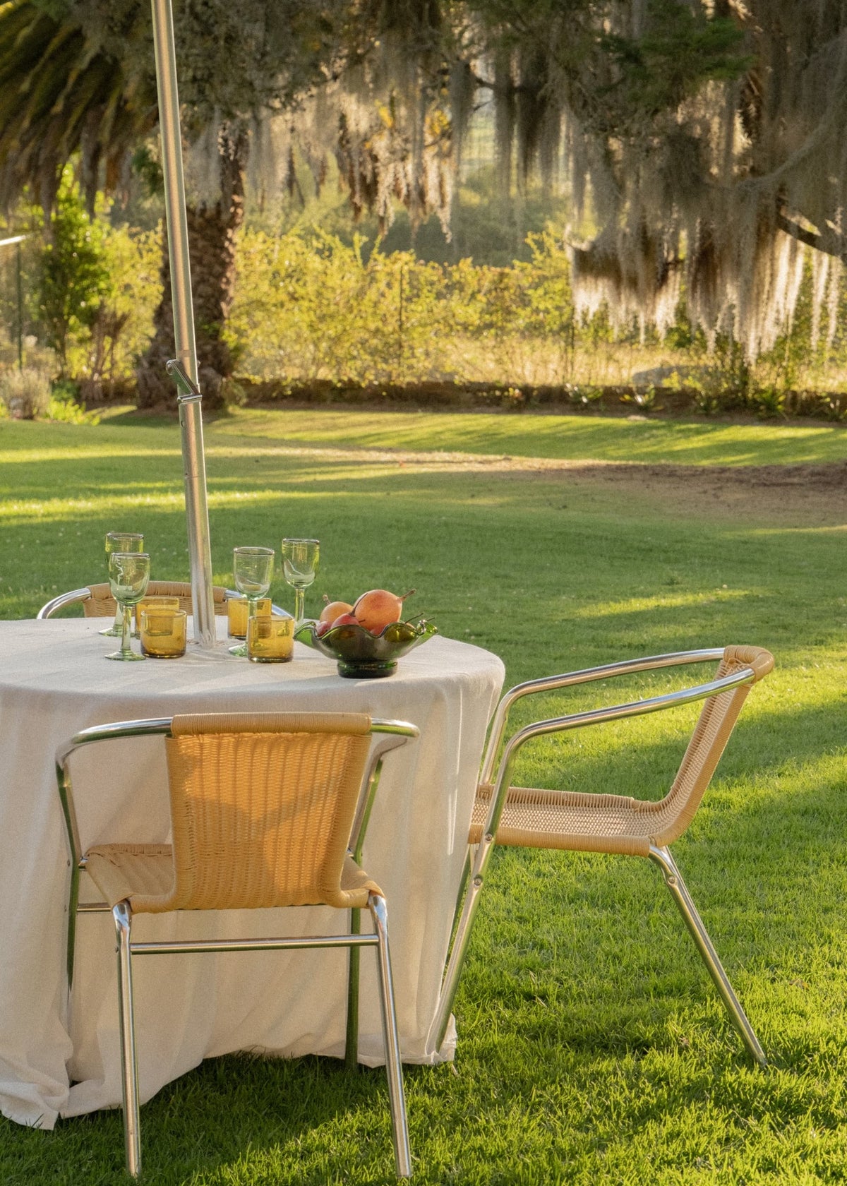 Copas de vino altas verdes dispuestas en una mesa de jardín al aire libre con luz natural.