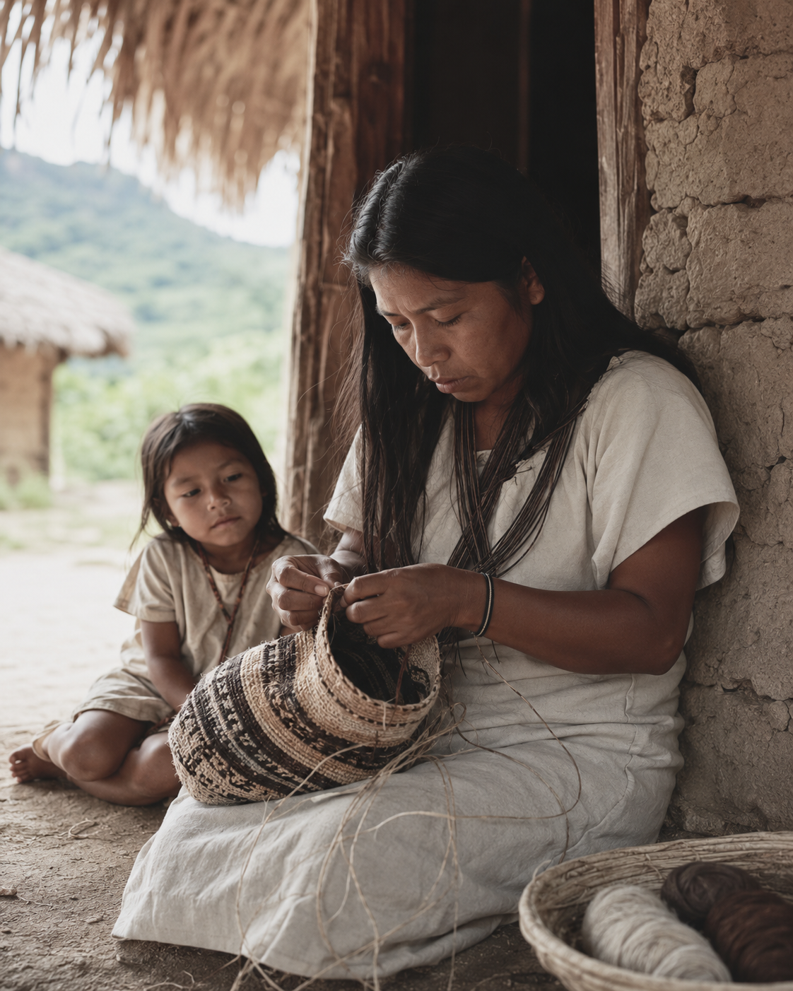 Mujer indígena arhuaca tejiendo una pieza artesanal junto a una niña, frente a una vivienda tradicional en la Sierra Nevada.