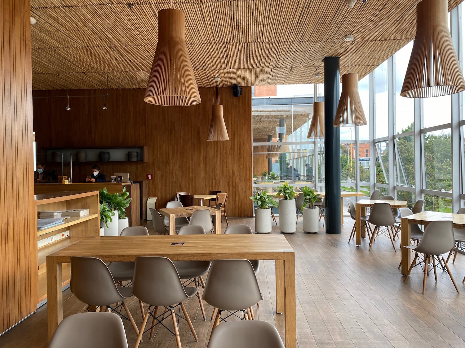 Espacio comercial con mesas de madera, materas blancas y plantas interiores en ambiente de  restaurante.