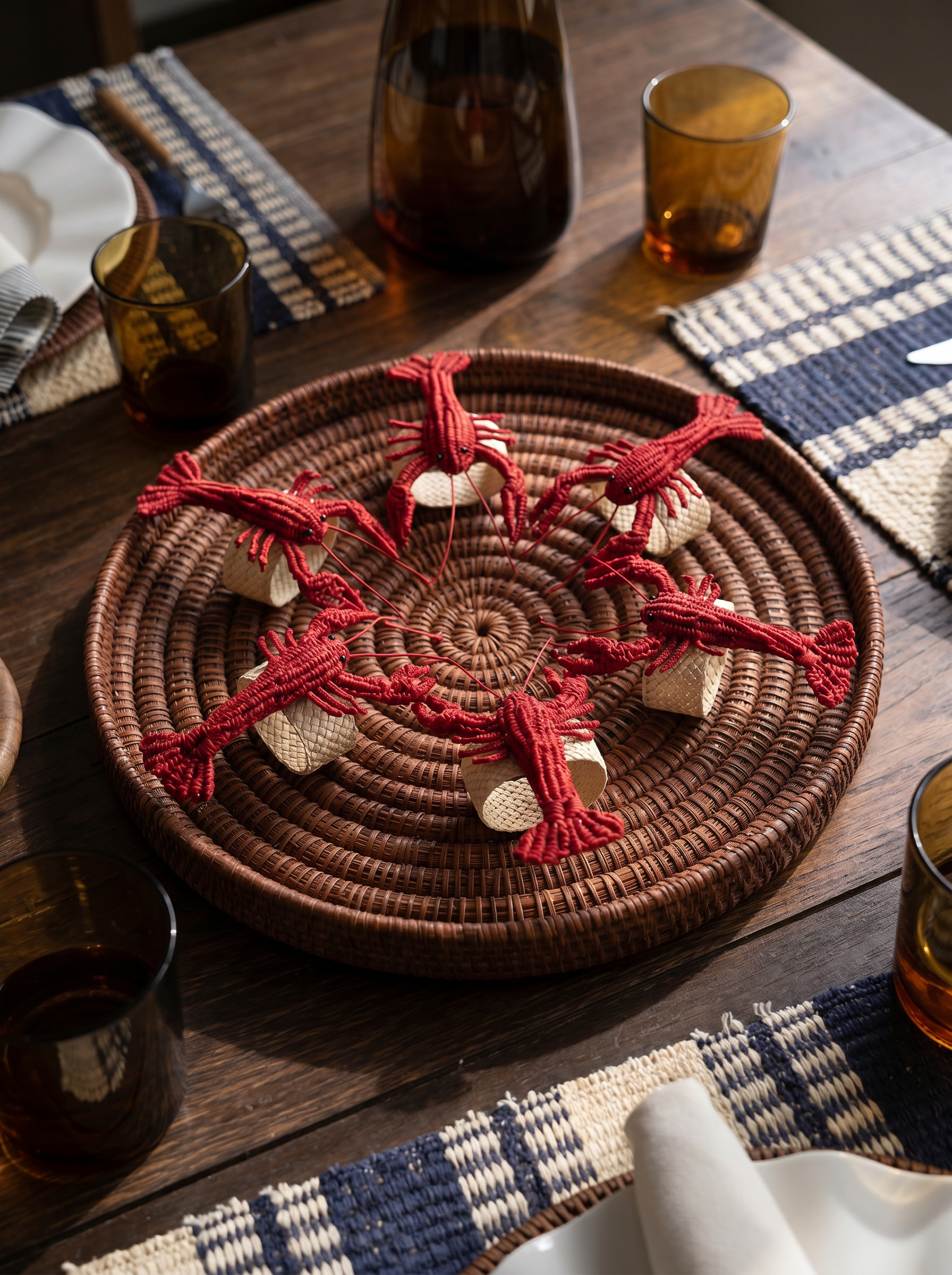 Set de seis servilleteros langosta rojos tejidos en palma de iraca 